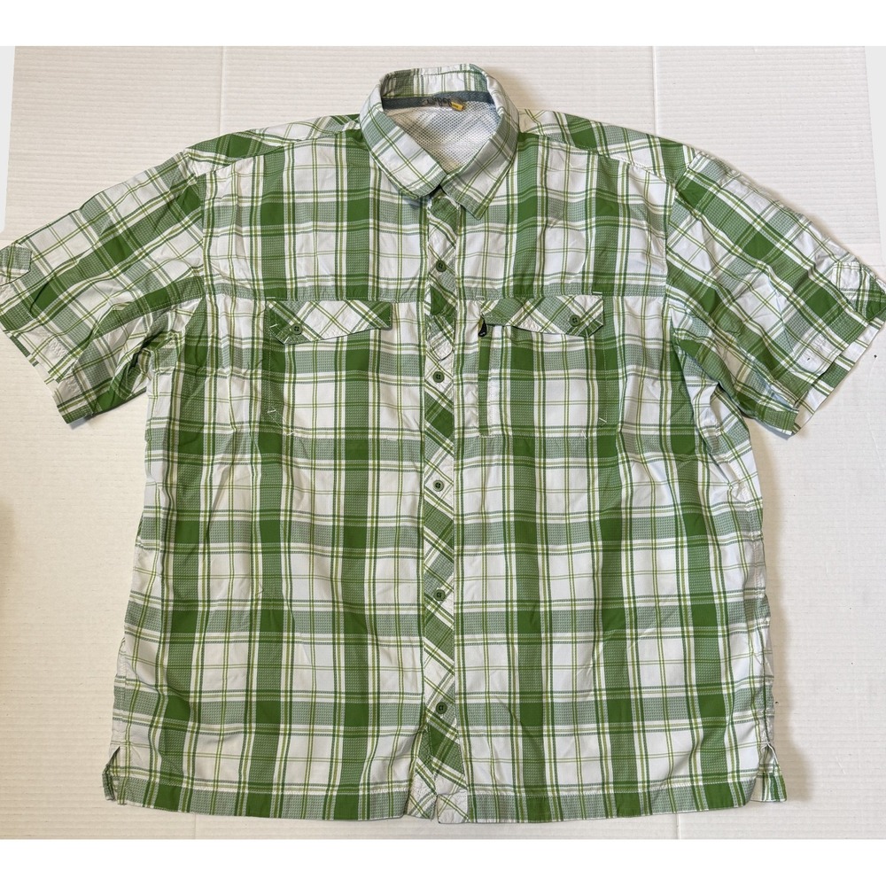 CABELAS - Men's Green & White Plaid Short Sleeve Button Down Shirt - X-Large XL